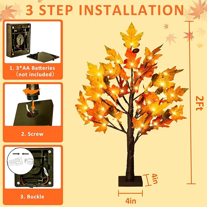 2FT Lighted Maple Tree- Fall Artificial Tree Thanksgiving Decor Tabletop Lamp with 36 LED Lights, Autumn Maple Leaves, 6 Acorns, 6-Hours Timer Function, Battery Operated for Indoor Home