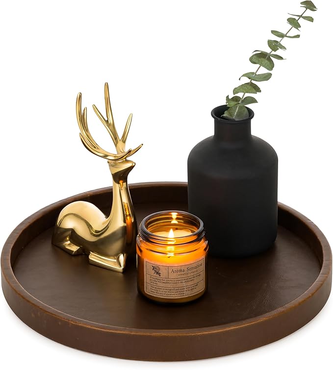 Hanobe Decorative Tray Round Serving: Faux Leather Coffee Table Trays Decor 12 inch Small Brown Circle for Bar Ottoman Party Modern Home Kitchen Counter Centerpiece