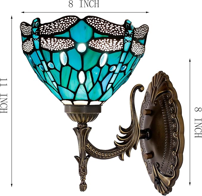 Tiffany Wall Sconce Lamp Blue Stained Glass Flower Style 8X10.5X11 Inch Plug in Wall Bedside Light for Hallway Bedroom (Green Blue Dragonfly Style)