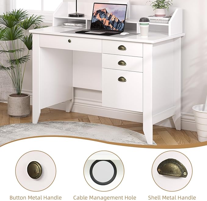 4 EVER WINNER White Desk with Drawers, Small Desk with File Drawer for Small Spaces, Computer Desk with Monitor Stand Wood Table for Home Office, White