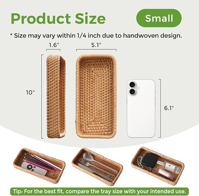 Small Rattan Serving Tray, Natural Wicker Decorative Tray for Trinket Ring Cosmetic, Rectangular Keys Basket Jewelry Perfume Trays for Coffee Table Entryway Living Room(10" × 5.1")