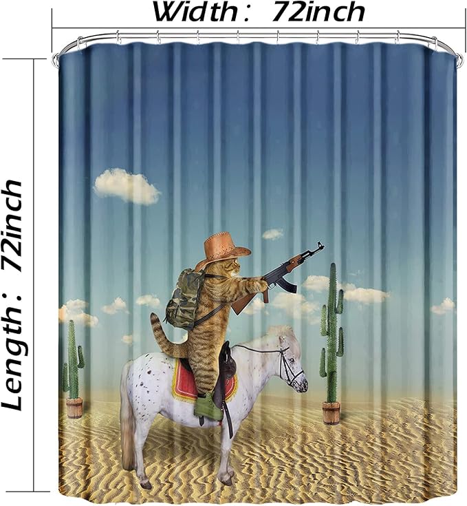 Domoku Cat Shower Curtain Cute Funny Western Shower Curtain Cowboy Cat Riding Horse in The Desert Bathroom Shower Curtains Polyester Fabric Waterproof with 12Hooks 72 * 72inch/180cm*180cm