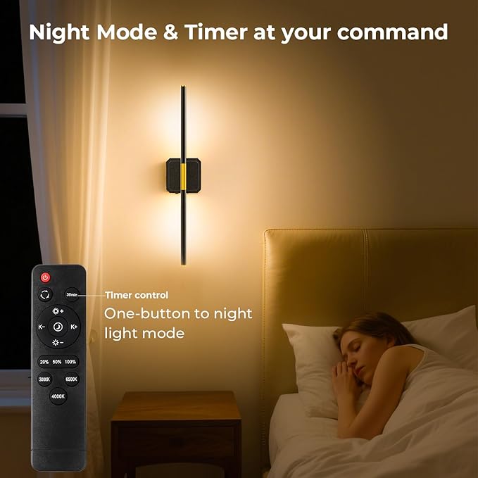Battery Operated Wall Sconce Detachable 360°Rotate, Wireless Wall Lamp 3000-6500K Dimmable, 10000mAh Rechargeable Wall Light for Bedroom, Living Room，28" Black Gold (1 Pack)