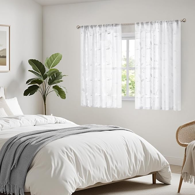 HOMEIDEAS White Sheer Kitchen Curtains 52 x 54 Inch Length 2 Panels Embroidered Leaf Pattern Short Curtains for Bedroom Half Small Window Rod Pocket Tiers
