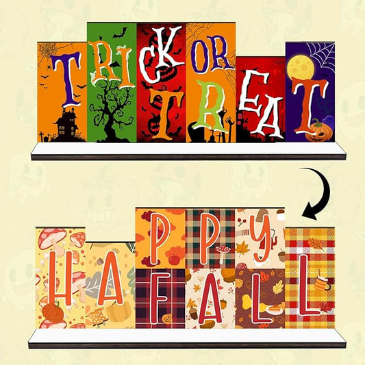 Fall Halloween Office Decor Wooden Table Desk Sign Decorations Reversible Double Side Halloween and Autumn Tabletop Sign Fall Thanksgiving Centerpiece Farmhouse Decor for Home Office Party Desk