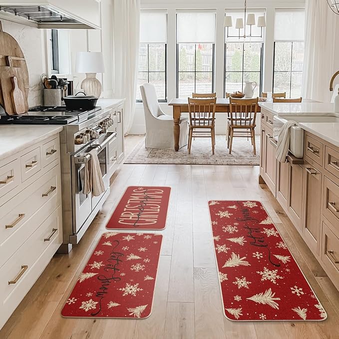 Artoid Mode Xmas Trees Snowflake Let It Snow Merry Christmas Kitchen Mats Set of 2, Winter Decor Low-Profile Kitchen Rugs - 17"x29"+17"x36"+17"x47"