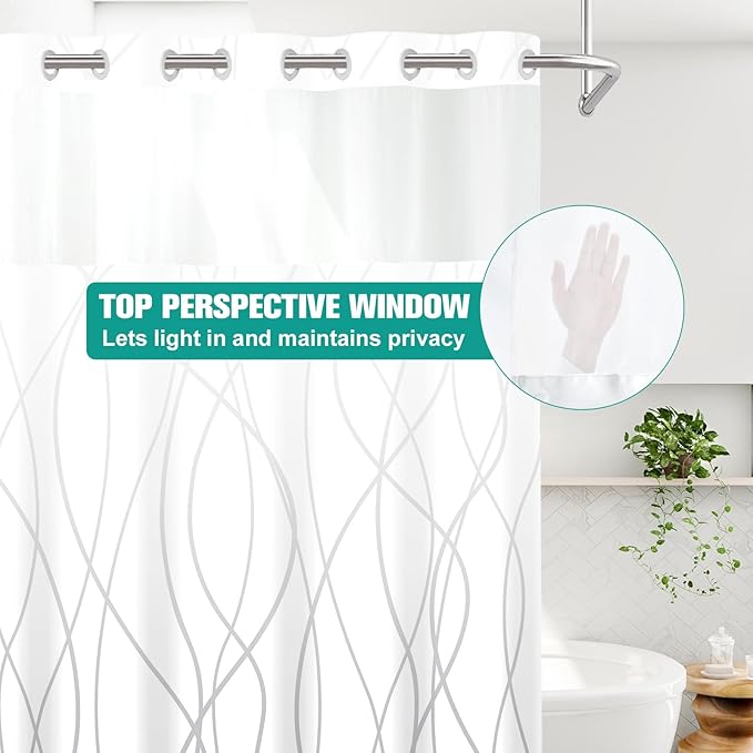 No Hook Ombre Grey White Striped Long Shower Curtain with Snap in Liner Set - Hotel Shower Curtain and Liner Set with See Through Mesh Top Window,Machine Washable, 71x86 INCH