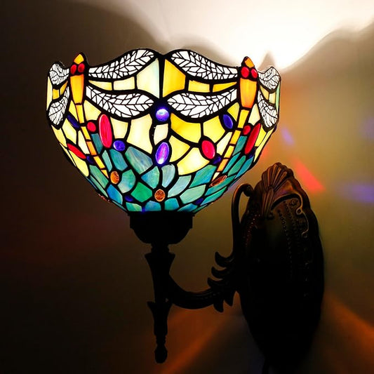 Tiffany Wall Sconce Lamp Blue Stained Glass Flower Style 8X10.5X11 Inch Plug in Wall Bedside Light for Hallway Bedroom (Blue Yellow Dragonfly Style)