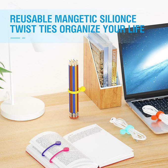 Magnetic Cable Ties Silicone 9 Inch Reusable Magnetic Twist Ties for Cord Cable Organizer and Bundling, Can Be Use in Home Office School Outdoor (10 Colors-20 Pack)