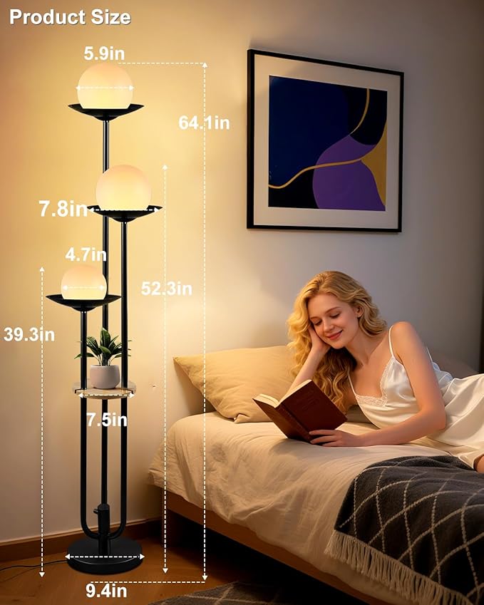 Lightdot 63IN Globe Floor Lamp with Shelf 3-Lights Modern Dimmable Floor Lamps with 3000K Soft Warm White Bulbs for Wedding/Party, Black Tall Standing Lamp for Living Room/Bedroom