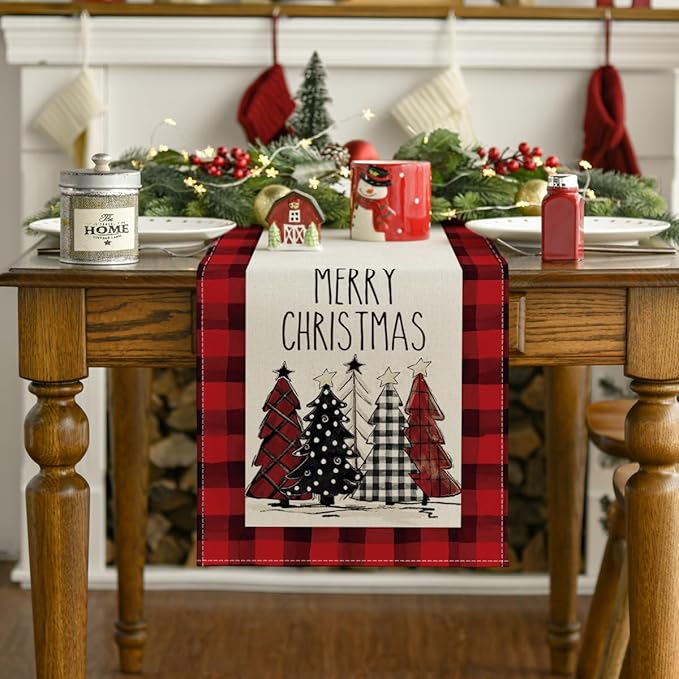 Artoid Mode Watercolor Red and Black Buffalo Plaid Christmas Trees Merry Xmas Table Runner, Seasonal Winter Holiday Kitchen Dining Table Decoration for Indoor Outdoor Home Party Decor 13 x 72 Inch