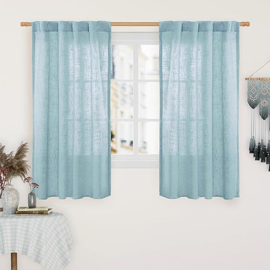 LAMIT Semi Sheer Window Linen Curtains 54 Inch, Light Filtering Panels Back Tab and Rod Pocket Country Decor Drapes for Bedroom/Farmhouse, Stone Blue, 2 Panels, 34 x 54 Inch