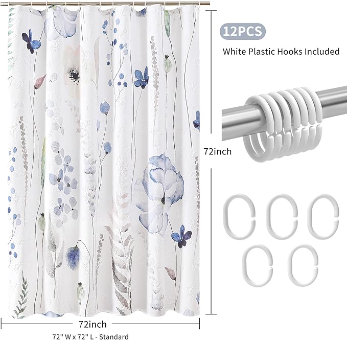 QiyI Watercolor Wildflowers Shower Curtain, Minimalist Grey Poppies Cloth Bath Curtain, Embossed Butterflies Botanical Flower Bathroom Curtain, Waterproof Fabric Shower Curtain Set with Hooks, 72x72