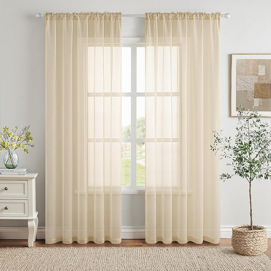 MIULEE 2 Panels Solid Color Sheer Window Curtains Elegant Window Voile Panels/Drapes/Treatment for Bedroom Living Room (54X84 Inches Cream)