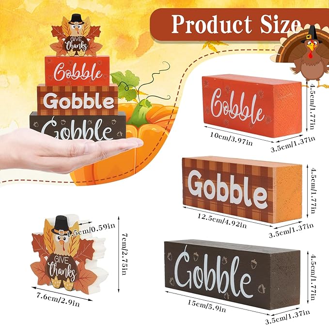 4 Pcs Thanksgiving Fall Tiered Tray Decor Fall Tabletop Decor Turkey Wooden Signs Thanksgiving Centerpiece Rustic Wood Turkey Block Sign Wood Farmhouse Vintage Ornaments for Home Kitchen Mantel