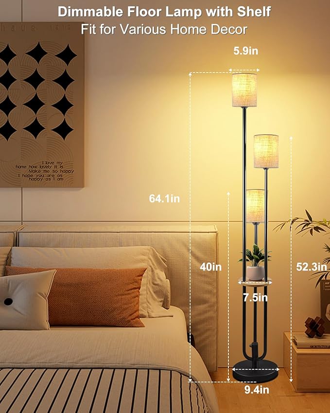 63IN Dimmable Floor Lamp with Shelf, Unique Black Tall Standing Lamps with Table, 3000K Warmwhite Mid Century Modern Floor Lamp for Living Room/Bedroom (Bulbs Included)
