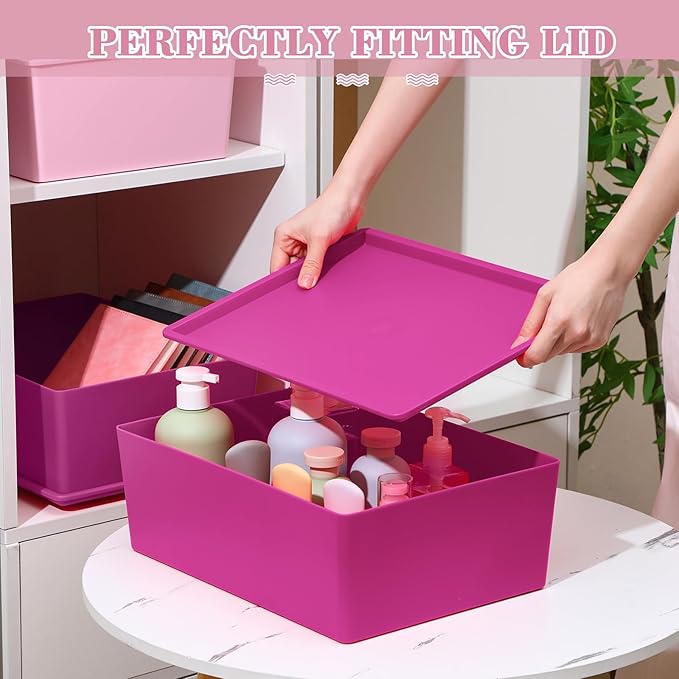 Menkxi 4 Pcs Storage Bins with Lids Plastic Containers Stackable Storage Box Baskets for Organizing Shelves(Dark Pink, Light Pink,Large)