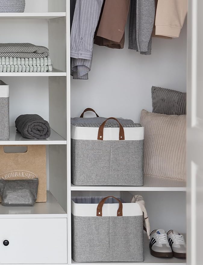 StorageWorks Storage Bins, Fabric Storage Bins for Shelves, Large Storage Baskets with Metal Frame, Closet Baskets and Bins with Handles, Gray and White, 2-Pack