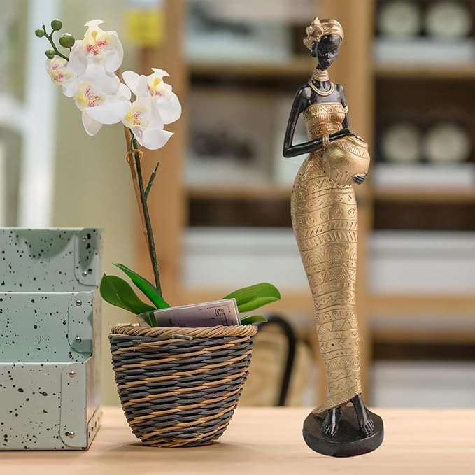 African Traditional Art Handmade Statues, Golden Geometric Pattern Long Skirt Women's Ornaments and Decorations, Suitable for Home Study Display and Cultural Gift Collection