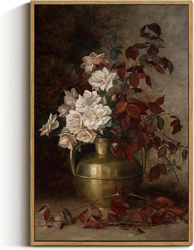 VIYYIEA Floral Large Framed Wall Art, Rose Bouquet Flower Vintage Art Decor Room Aesthetic, 16X24 Inch Canvas Print Artwork, Farmhouse Still Life Painting Wall Decor for Bedroom Bathroom Office