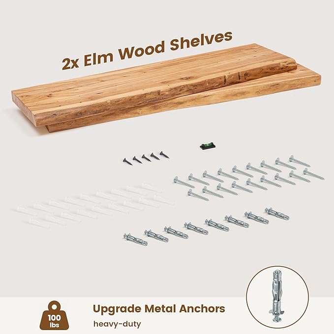 Rustic Elm Wood Floating Shelves for Wall, Live Edge 36"W x 9.2"D x 1.4"H, Set of 2 with Invisible Bracket, Wall Mounted Storage Shelves for Living Room Bedroom Kitchen Bathroom Decor, Natural Finish