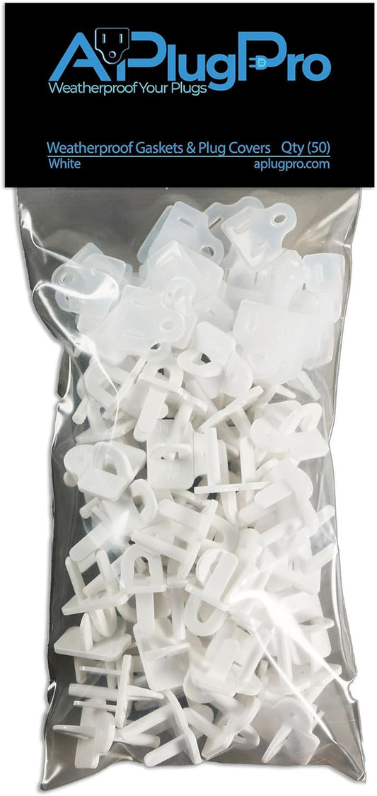The Original Weatherproof Gaskets & Plug Covers - Made in USA, Outdoor Waterproof GFCI Protectors, Christmas Light Installation, Extension Cords, Stop GFCIs from Tripping (White, Qty 50) - by APlugPro