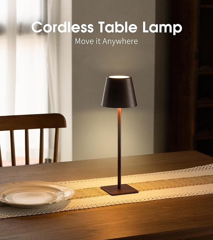UME 3 Pack Cordless Table Lamp, Battery Operated Lamp - Portable Waterproof Rechargeable Table Lamp w/ 3 Color Temps & Stepless Dimming for Dinner, Desk, Cafe, Outdoor (Woodgrain)