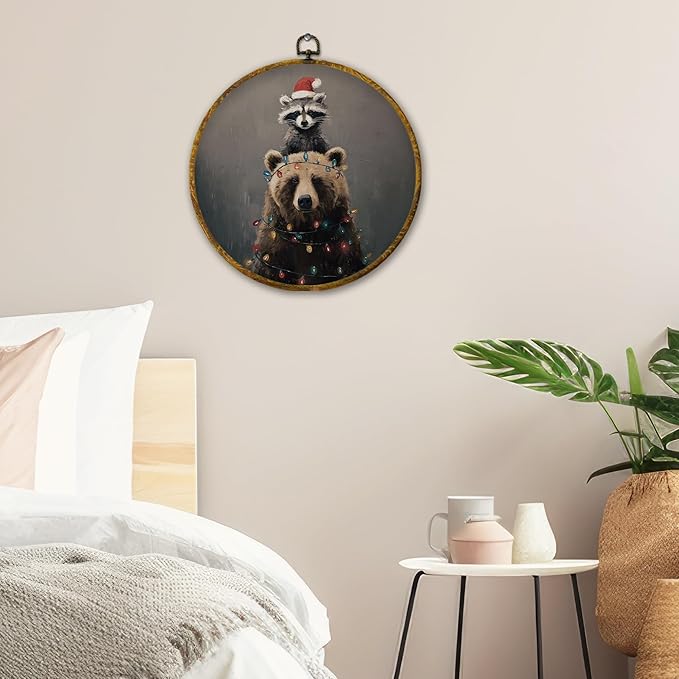 QZQE Christmas Raccoon Bear Round Wall Art Decor Framed, Christmas Holiday Circle Canvas Prints, Rustic Winter Xmas Animals Circular Wall Hanging Decor for Home Bedroom Nursery Room, 10x10 Inch