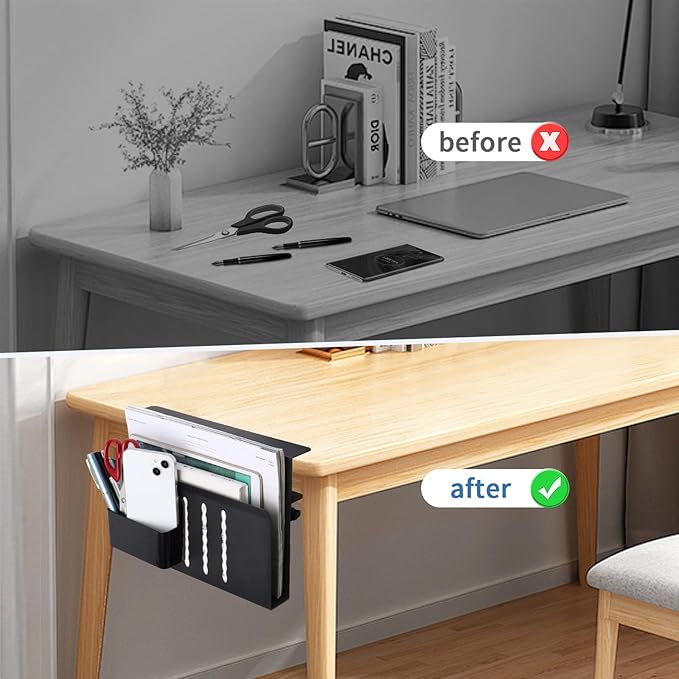Desk Side Storage, Desk Laptop Holder with Anti-Scratch Pad & Magnetic Pen Holder, No Drill Hanging Table Organizer for Office and Home Fits Flat Edge 0.3" to 2.3"