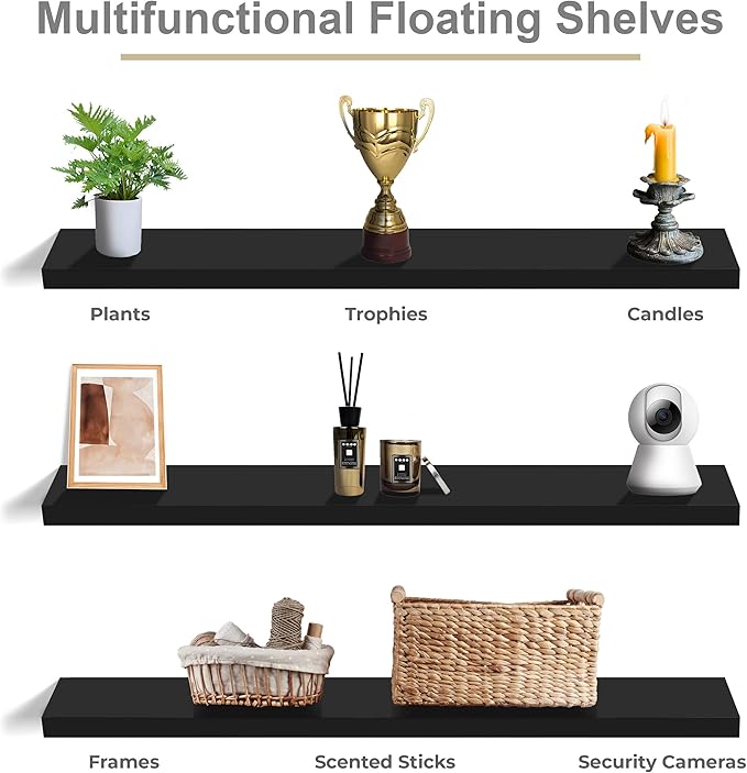 Sorbus Floating Shelves for Wall - 55 Inch Extra-Long Bathroom Shelves, Wall Decor for Bedroom, Kitchen, Living Room, Book Storage - Mounted Floating Shelf with Hidden Brackets (Black, 3 Pack)