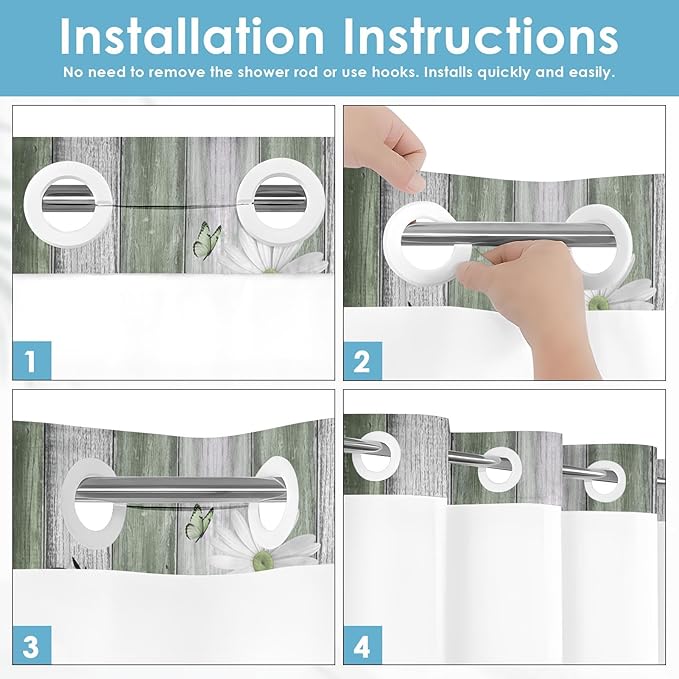 No Hook Green Daisy and Butterfly Shower Curtain with Snap in Fabric Liner Set, Rustic Farmhouse Double Layers Waterproof Fabric with See Through Top Window Open Grommet Bath Curtain 71x74 Inch