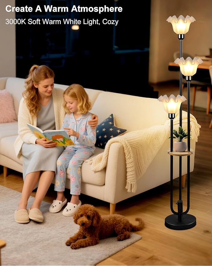 Lightdot Flower Floor Lamp for Living Room, Dimmable Vintage Floor Lamp with Shelf &3 LED Bulbs, 3 Light 3000K Soft Warmwhite Mid Century Black Standing Lamp, Floral Tall Lamp for Bedroom Office