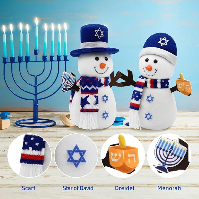 Hanukkah Decorations for Home Indoor, 2Pcs Snowman Plush Figurines with Menorah and Star of David, Jewish Gnomes Holiday Decor Chanukah Ornaments Shelf Table Display Gift Idea