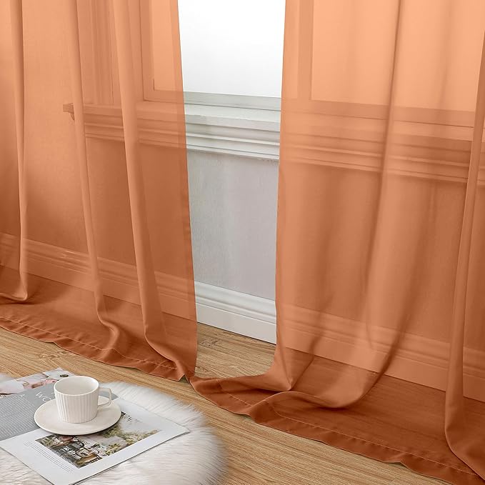 Aiyufeng Orange Sheer Curtains 45 inches Long, Short Kitchen Window Treatment Solid Sheers Cafe Curtains Bathroom Voile Half Window Curtains 2 Panels, Rod Pocket, 42" Wx45 L