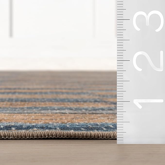 Dash & Albert Ravel Stripe Blue Machine Washable Rug, Runner-2.5 X 8 Feet, Tan/Blue Stripe Pattern