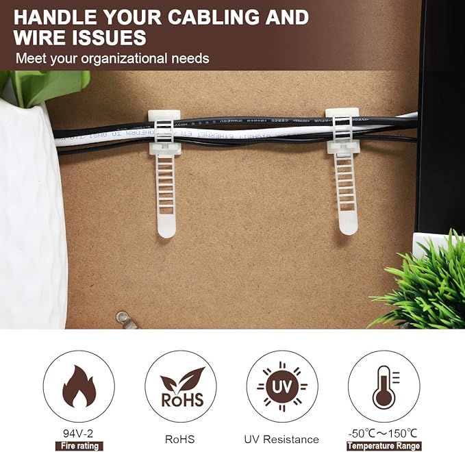 Adhesive Cable Management Clips, 50pcs Adjustable Nylon Cable Straps Wire Clips Clamps Organizer with Strong Adhesive Tape, Extra Screw & Hole for Strong Fixation Home Office - 3.55 Inch White