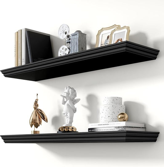 Axeman 36 Inch Floating Shelves for Wall, 9.3" Deep Crown Molding Wood Display Shelf with Heavy Duty Invisible Brackets for Living Room, Bedroom, Bathroom, Kitchen Decor & Storage, Set of 2, Black
