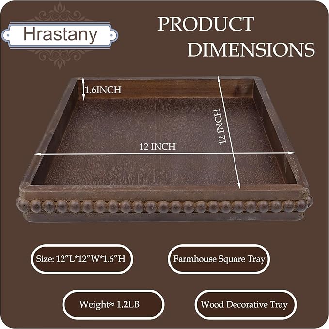 Square Wood Decorative Tray, Rustic Coffee Table Serving Tray for Ottoman, Farmhouse Kitchen Counter Organizer, Bedroom, Home Decor(Retro Brown)