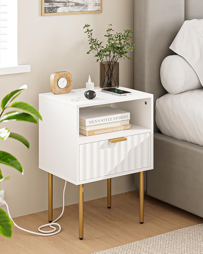 Masupu Nightstand with Charging Station,Mid-Century Modern Bedside Table with Storage Drawer and Open Wood Shelf,Small Gold Frame Side Table for Bedroom,Living Room (White Fluted)