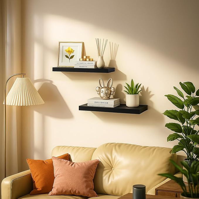 Solid Walnut Floating Shelves for Wall, 16"*6.7"*1.6"Real Thick Wood Mounted Wall Display Shelf with Joinery for Home Decor, Bathroom,Kitchen Set of 1（ Black Stain）