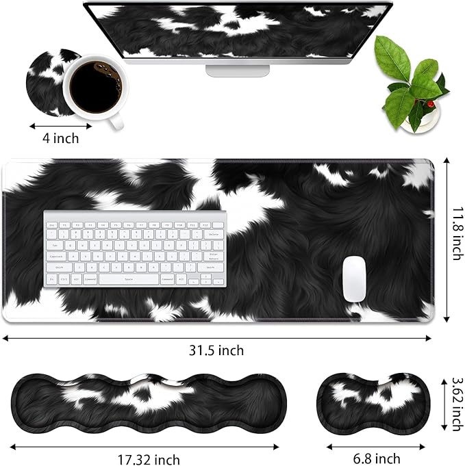4 in 1 Ergonomic Memory Foam Mouse Pad Wrist Rest Set, Large XXL Gaming Desk Pad + Keyboard Wrist Rest + Mouse Wrist Cushion + Coaster for Home Office Study Gaming, Black and White Cow Print