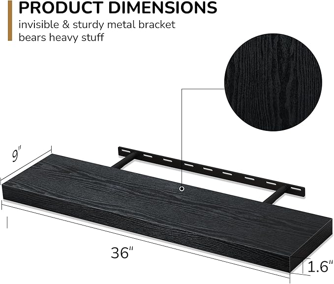Fun Memories Floating Shelves - 9 Inch Deep Wall Shelf for Decor & Storage - Wall Mounted Display Shelving with Invisible Heavy-Duty Metal Bracket - 36" W x 9" D x 1.6" H - Set of 1 - Rustic Black