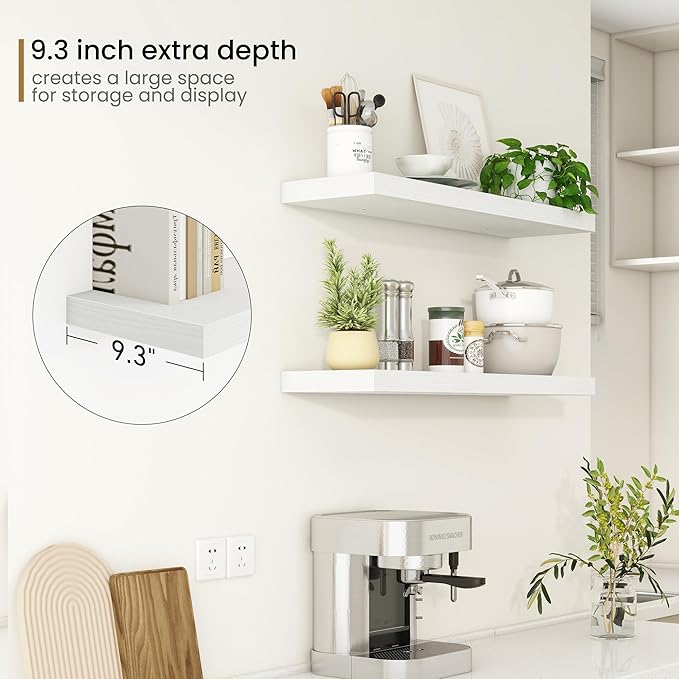 Fun Memories 36Inch Floating Shelves, 9.3Inch Deep Rustic Wall Shelves - Extra Deeper & Thicker Wall Mounted Storage Shelf for Kitchen, Farmhouse - Set of 2 - Rustic White