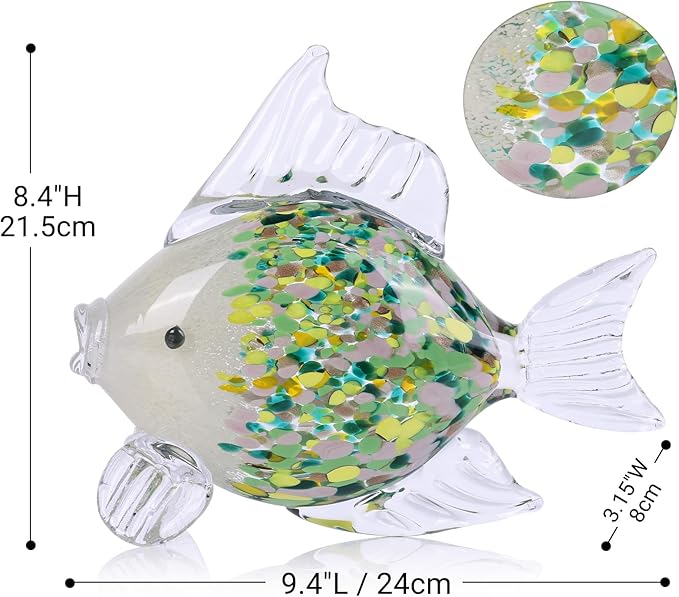 9.4 in Blown Colored Glass Fish Statue, Green Glass Fish Paperweight Sculpture for Modern Home Decor, Living Room Coffee Table, Office Desk, Dining Table Centerpiece, and Window Display (D)