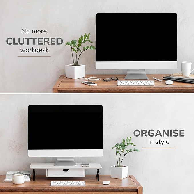 Anji Mountain Monitor Stand - Desktop Organizer & Laptop Riser, Ergonomic Monitor Riser, Space-Saving Monitor Stand for Desk, Durable Construction, Easy Assembly, Ideal for Home & Office,White Wash