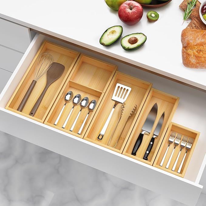 Bamboo Drawer Organizer Set, 5-PCS Adjustable Kitchen & Office Drawer Organizers, Multipurpose Storage Trays for Utensils, Makeup, Jewelry, Bathroom & Desk Accessories