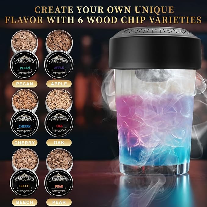 Electric Whiskey Smoker Kit with 5-Color LED Lighting & 6 Wood Chips, No Butane Old Fashioned Smoker Kit Bartender Kit for Cocktail Shaker, Cocktail Smoker Kit for Fathers Day, Gifts for Him