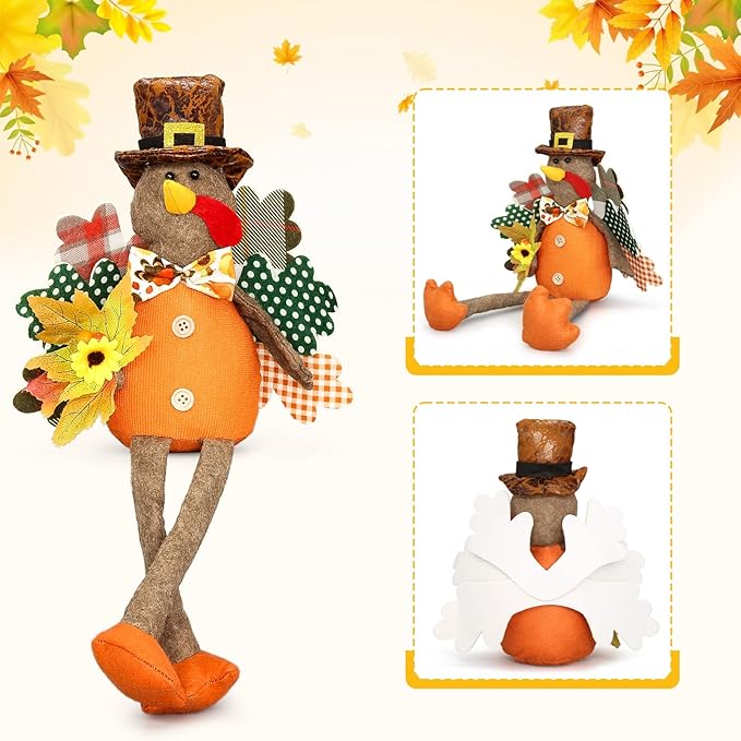 Turkey Decorations Indoor- Thanksgiving Decorations for Home, Office - Stuffed Turkey Animal Plush Doll Figurines - Pilgrim Decor for Autumn, Harvest Tabletop Centerpieces Ornaments Shelf Sitters
