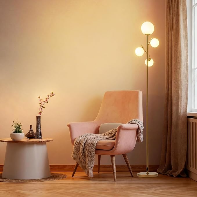 Fiqevs 4 Globe Gold Floor Lamp, Modern Sputnik Tree Standing Lamp with Frosted Glass Ball Lampshade & 3000K LED Bulbs, Mid Century Contemporary Tall Lamp for Living Room, Bedroom - Antique Brass