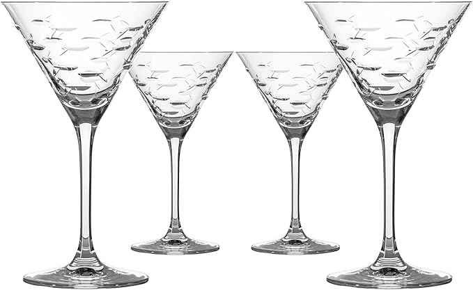 Rolf Glass School of Fish Martini Glass - Set of 4 Stemmed 10 oz. Martini Glasses - Lead-Free Glass - Diamond-Wheel Engraved Cocktail Glasses - Made in the USA